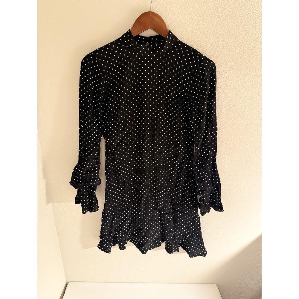Zara Midi Dress Size X-Small in Black White Polka Dots High Neck Ruffle Sleeves